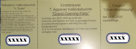 Appener Hallen Labyrinth Eintrittskarte 7. Appener Hallenlabyrinth